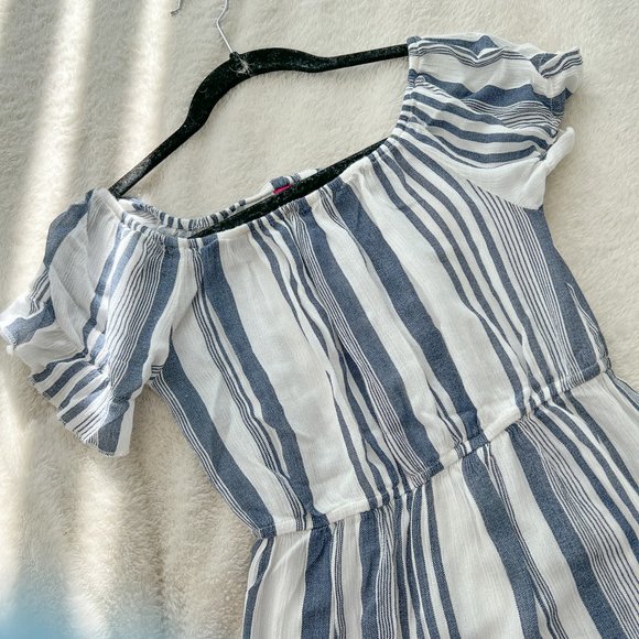 Linen Maxi Dress High Slit w/ Elastic Waistband Blue and White Stripes - Picture 6 of 7